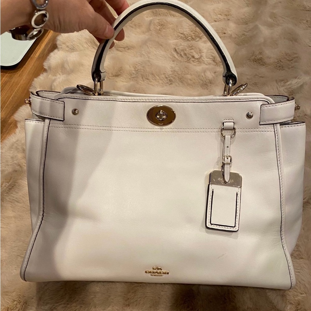 Coach White Satchel with Turnlock Closure and Top Handle